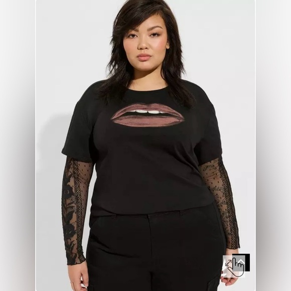 Torrid Black Tee with Lace Sleeves - Picture 1 of 11